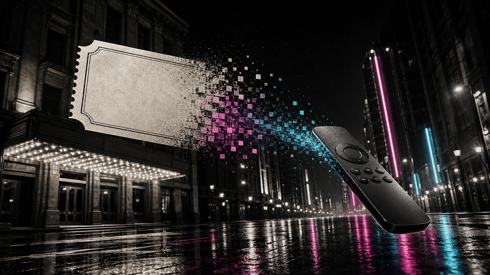 Editorial illustration of a cinema ticket transforming into a streaming remote for the Reminders of Him Peacock debut.